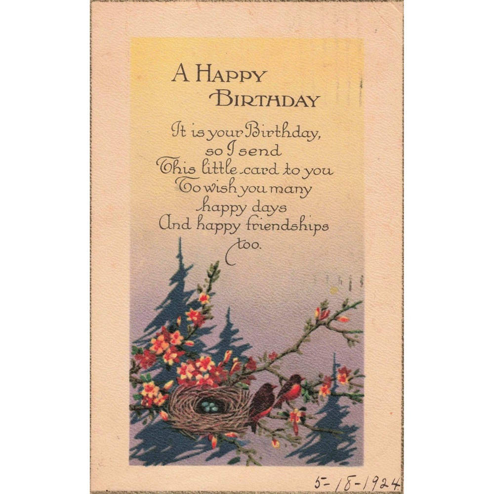 Vintage 1924 Happy Birthday Postcard Birds Nest Nature Scene 1c Washington Stamp - Picture 1 of 2